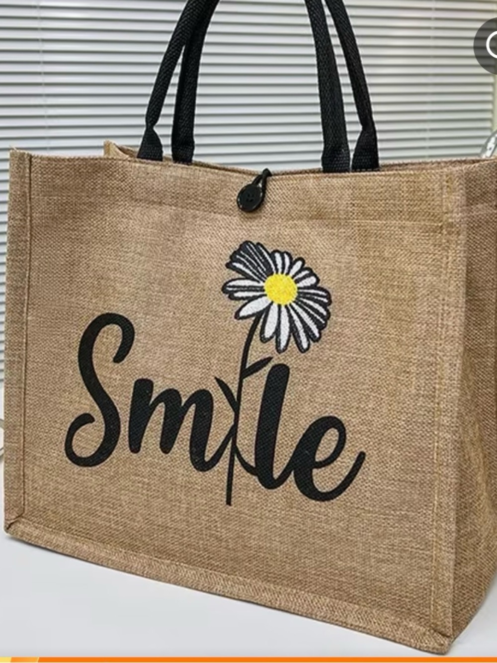 Source Unknown Natural Jute Tote Bag with Black Handles and Daisy